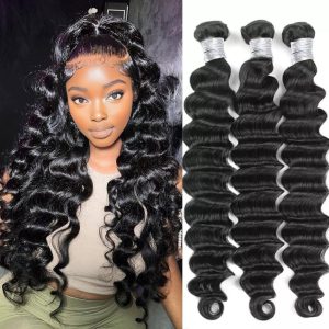 center wig remy hair black deep wave bundles brazilian weaving