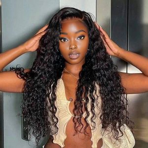 Home center wig natural black remy hair 6x7 lace closure deep wave human hair wig
